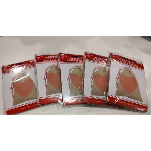 Valentine's Day Burlap Pink Heart Drawstring Treat Gift Bag Pack 15 total bags - Picture 1 of 3